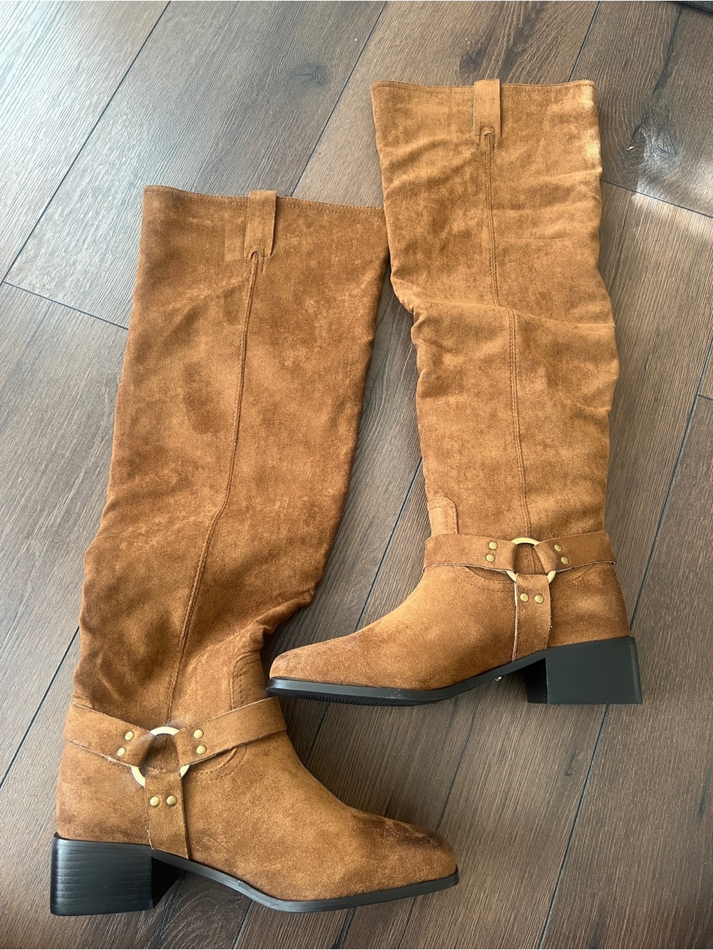 AKIRA Over-the-Knee Suede Boots in Chestnut Tan